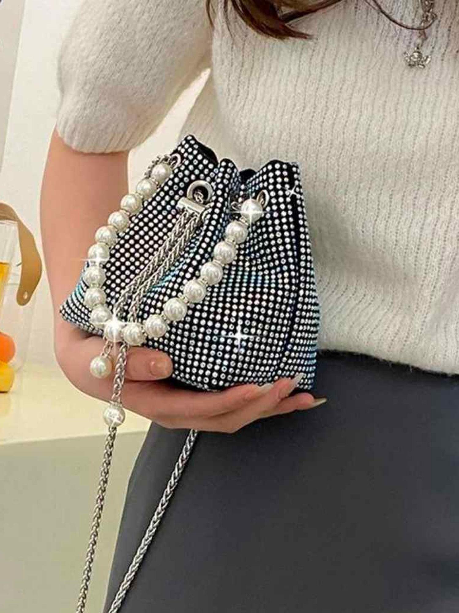 silver rhinestone pearl handle handbag