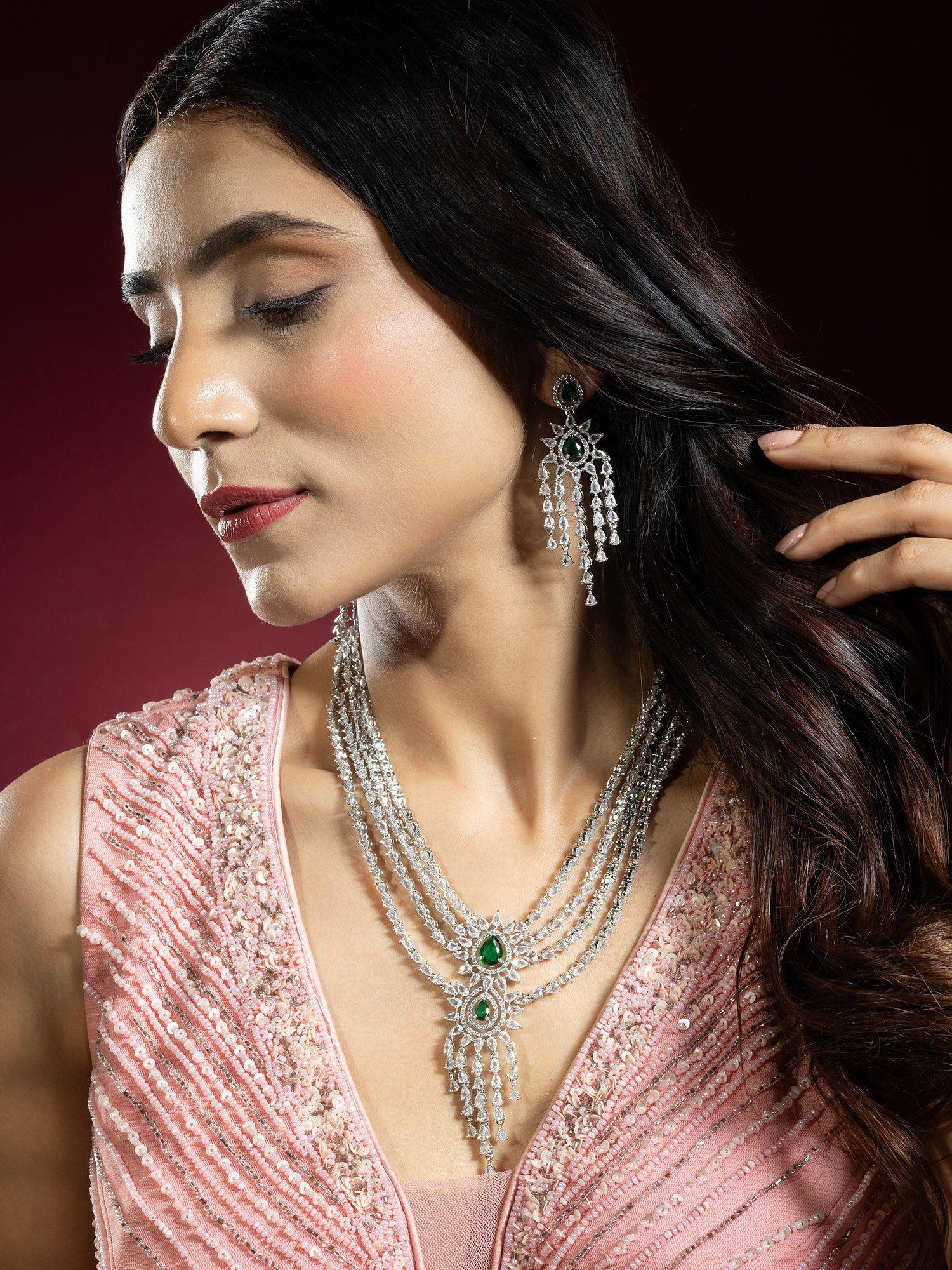 silver rhodium plated multi-layered emerald and white american diamond necklace set