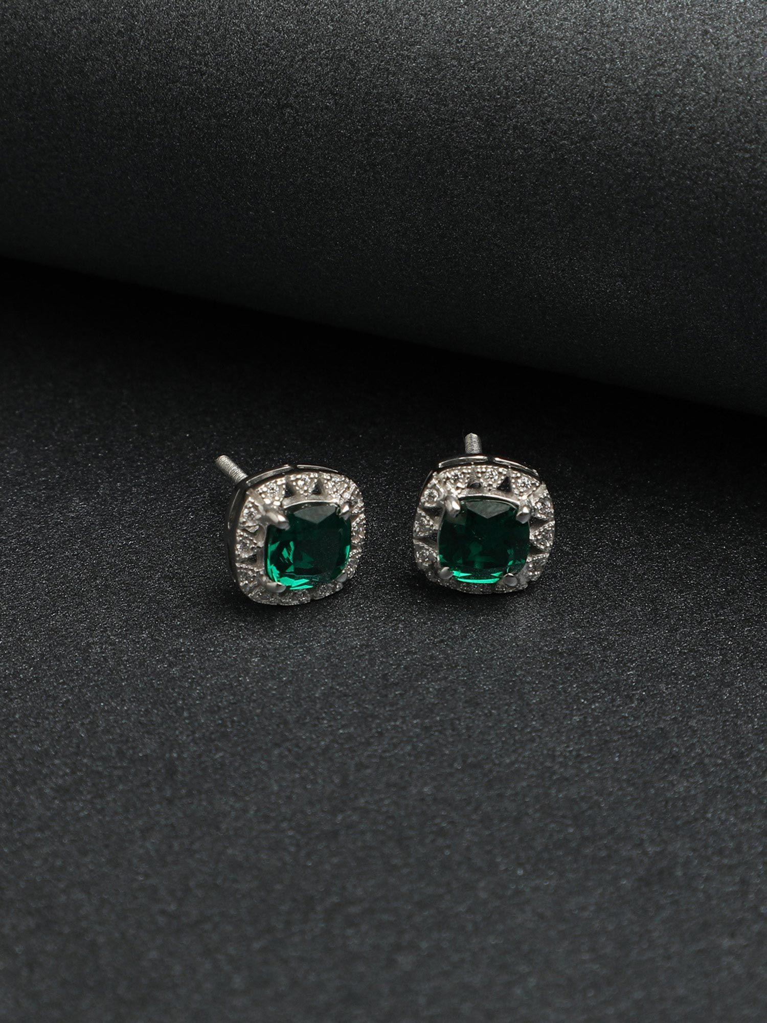 silver rhodium plated swiss zirconia dark green cushion stud earrings gift for women & girls