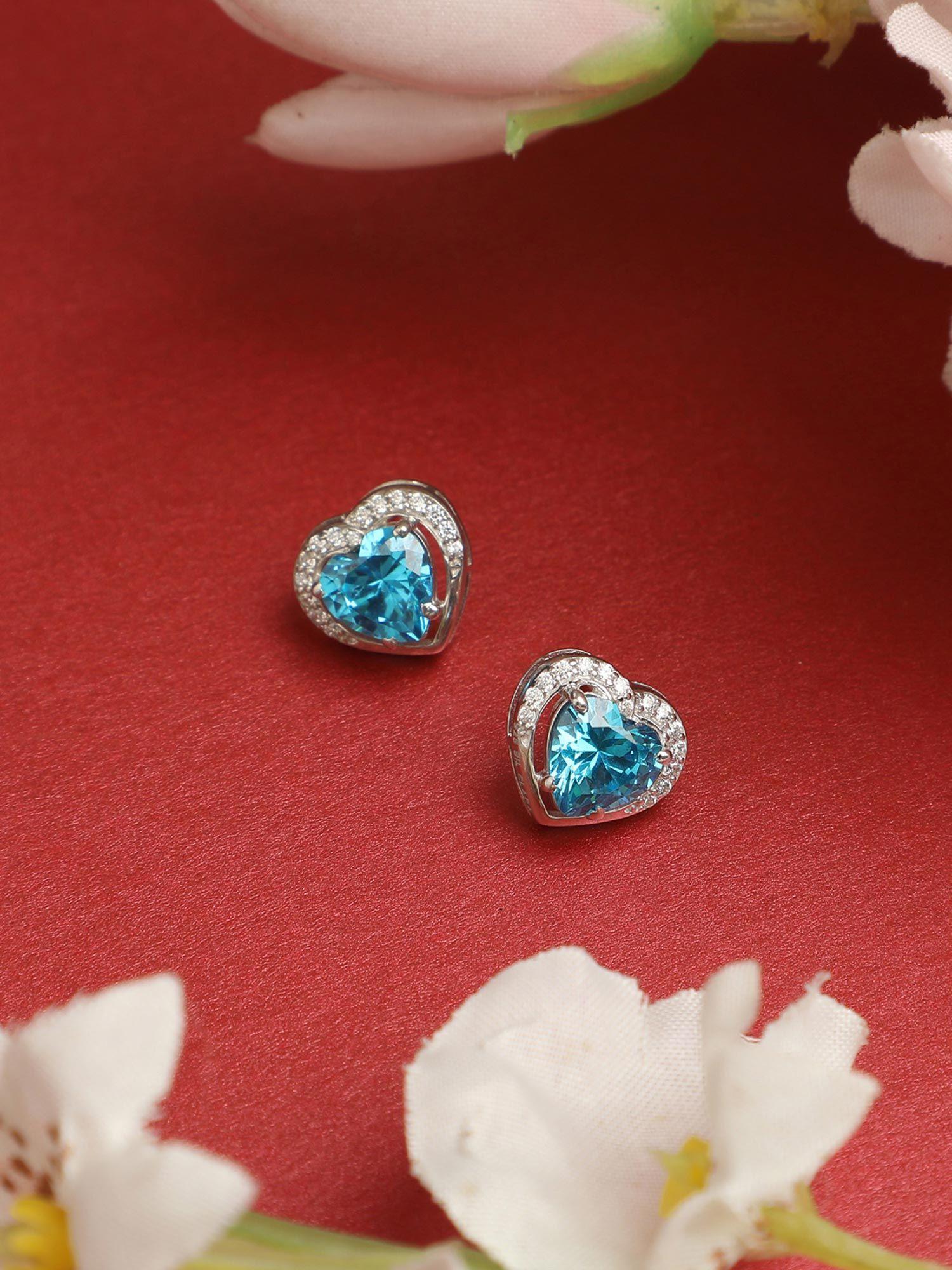 silver rhodium plated swiss zirconia sky blue heart stud earrings gift for women & girls