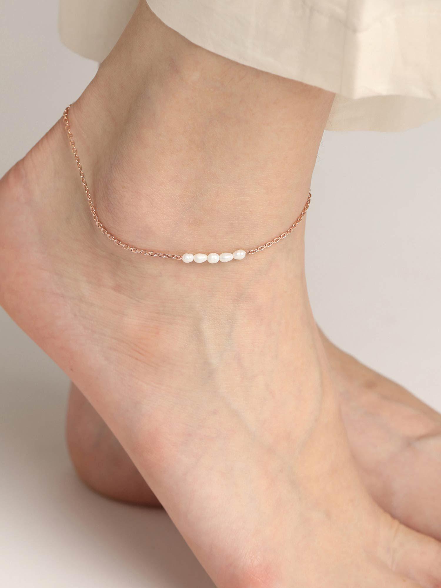 silver rose gold plated pearl adjustable chain anklet payal single for women