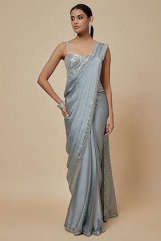 silver satin sequins embroidered saree set