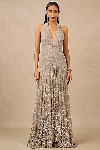 silver sequin fabric hand embroidered sculpted gown