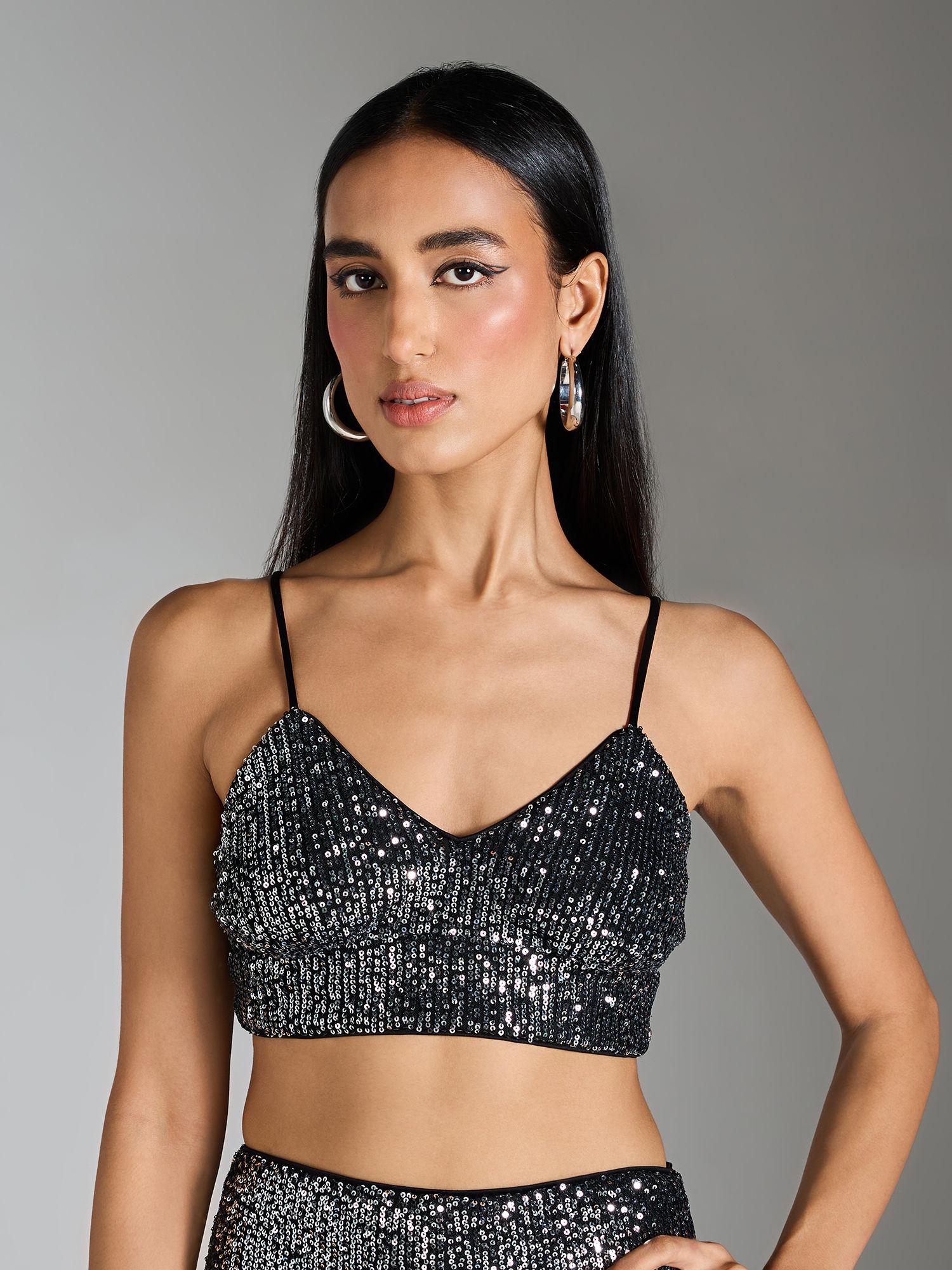 silver sequin v neck strappy crop top