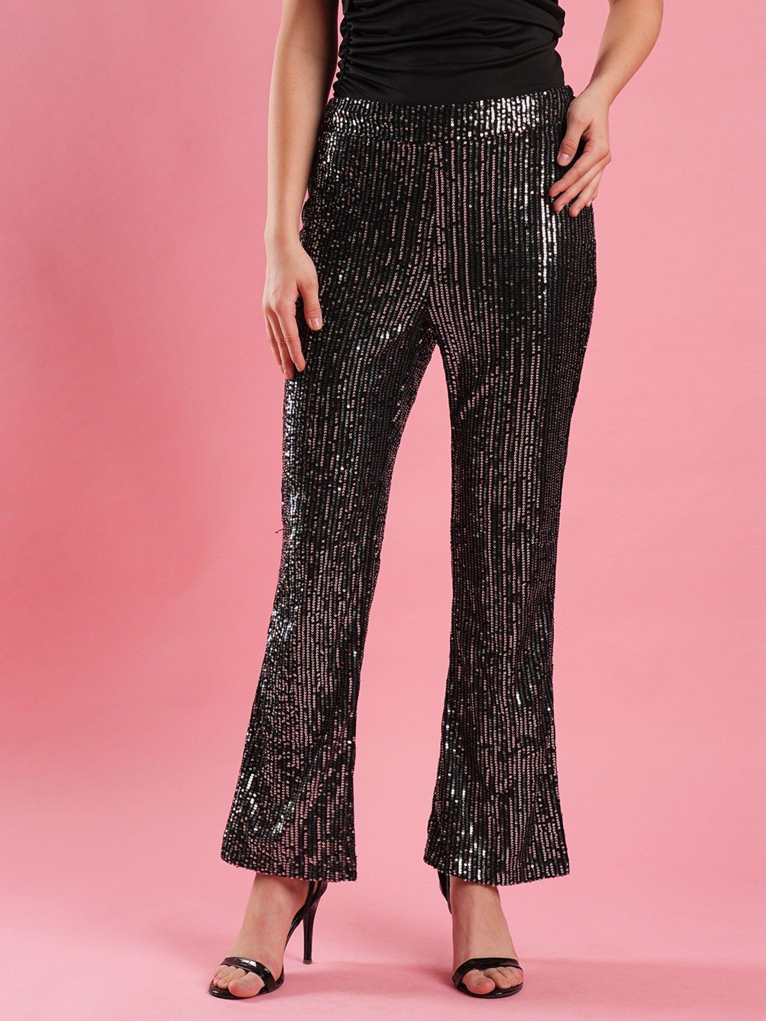 silver sequined mid rise flared hem boot cut party trouser