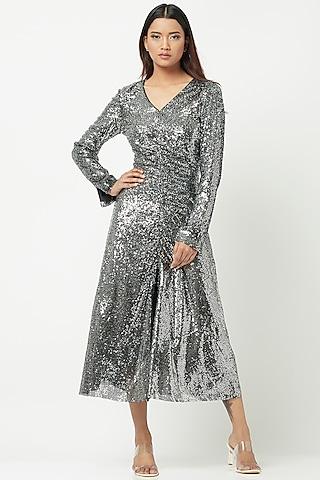 silver sequined midi dress