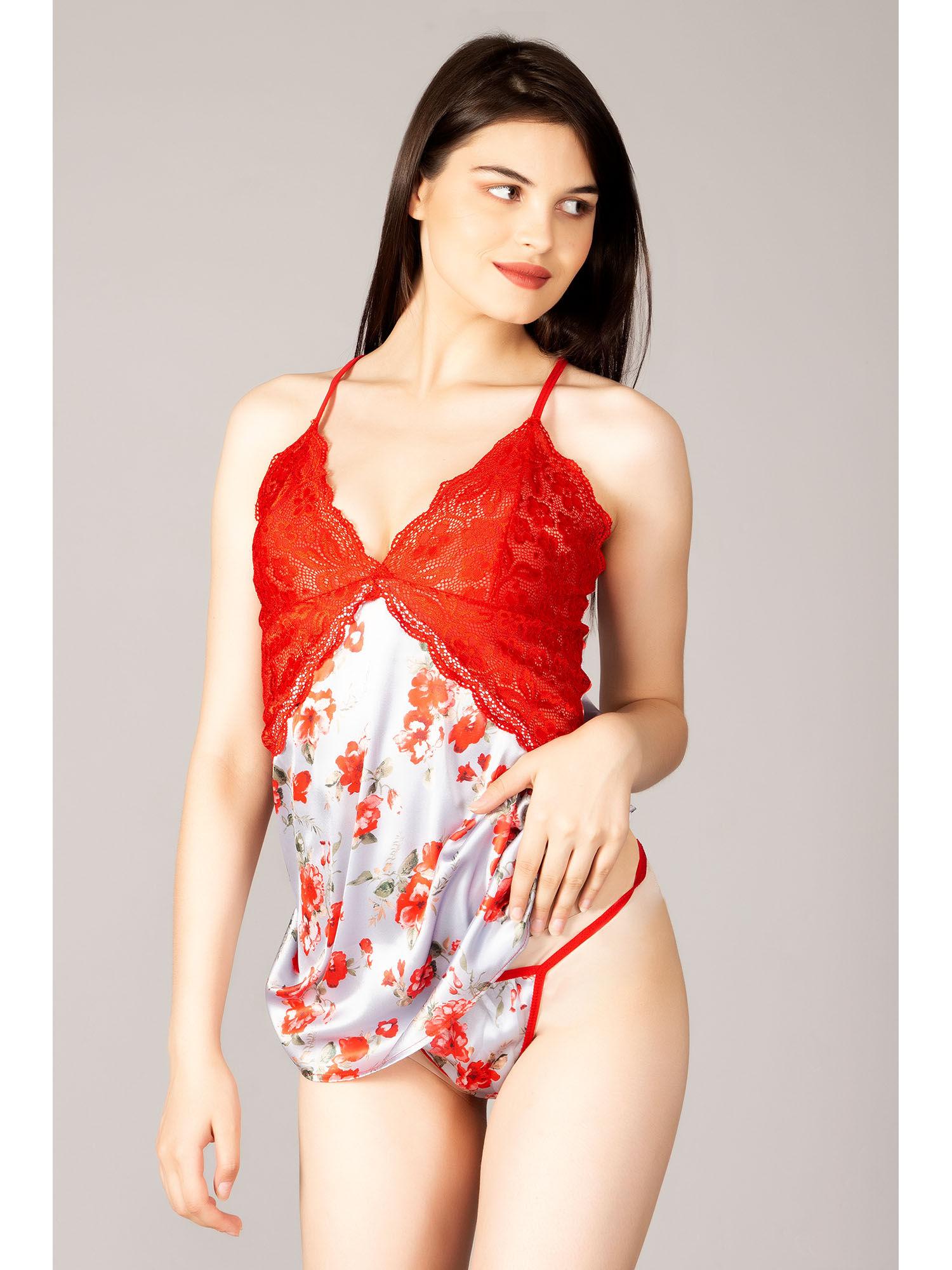 silver sexy satin and stretch lace hot floral red nightdress (set of 2)