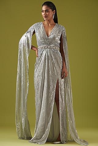 silver shimmer embellished draped gown