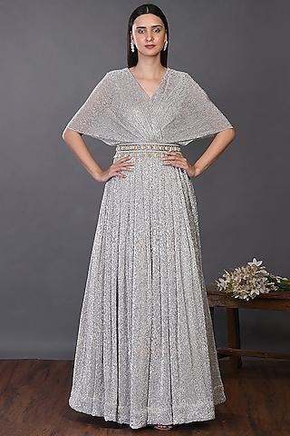 silver shimmer gown with belt