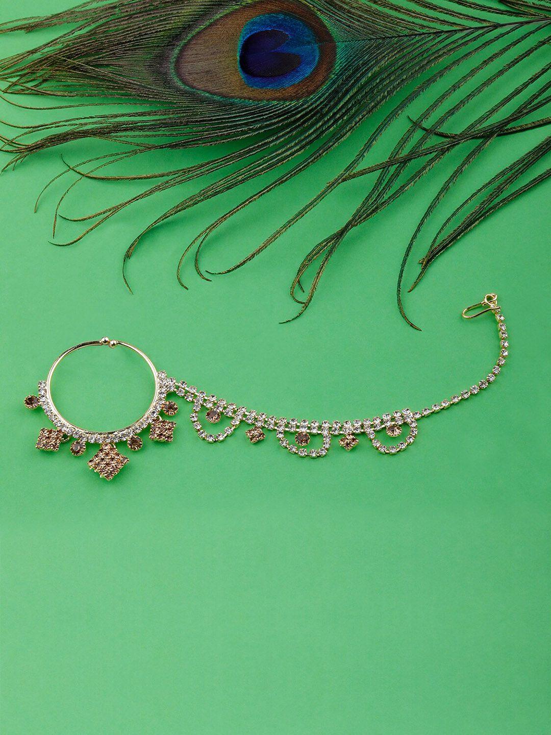 silver shine gold-plated stone studded chained nose pin