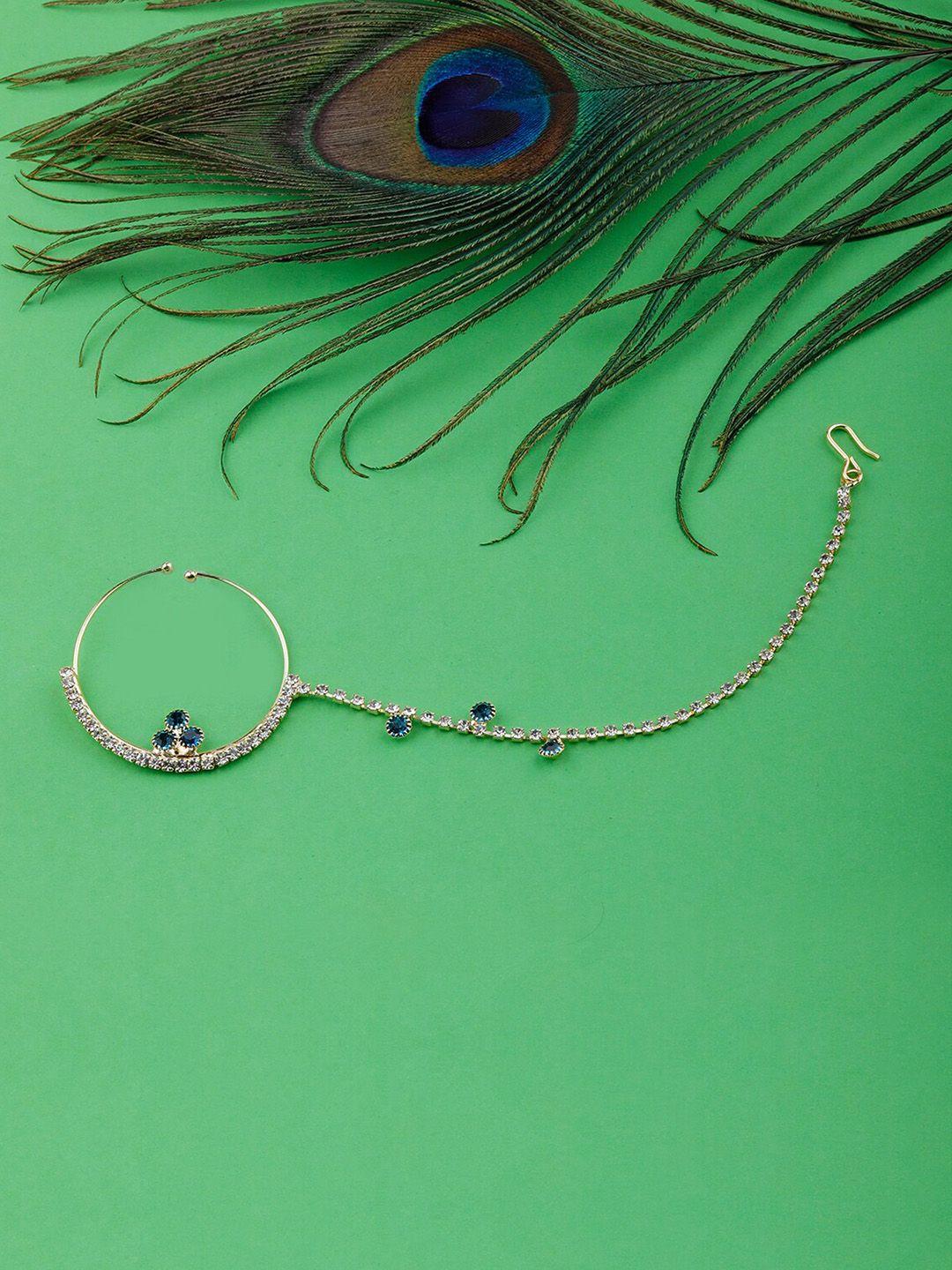 silver shine gold-plated stone-studded nose-ring with chain