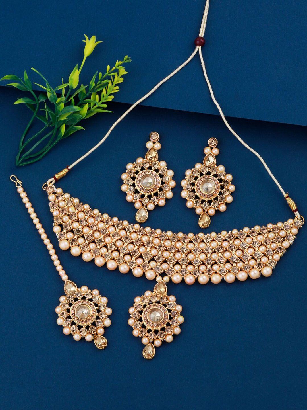 silver shine gold-toned & plated  women stone-studded choker jewellery set