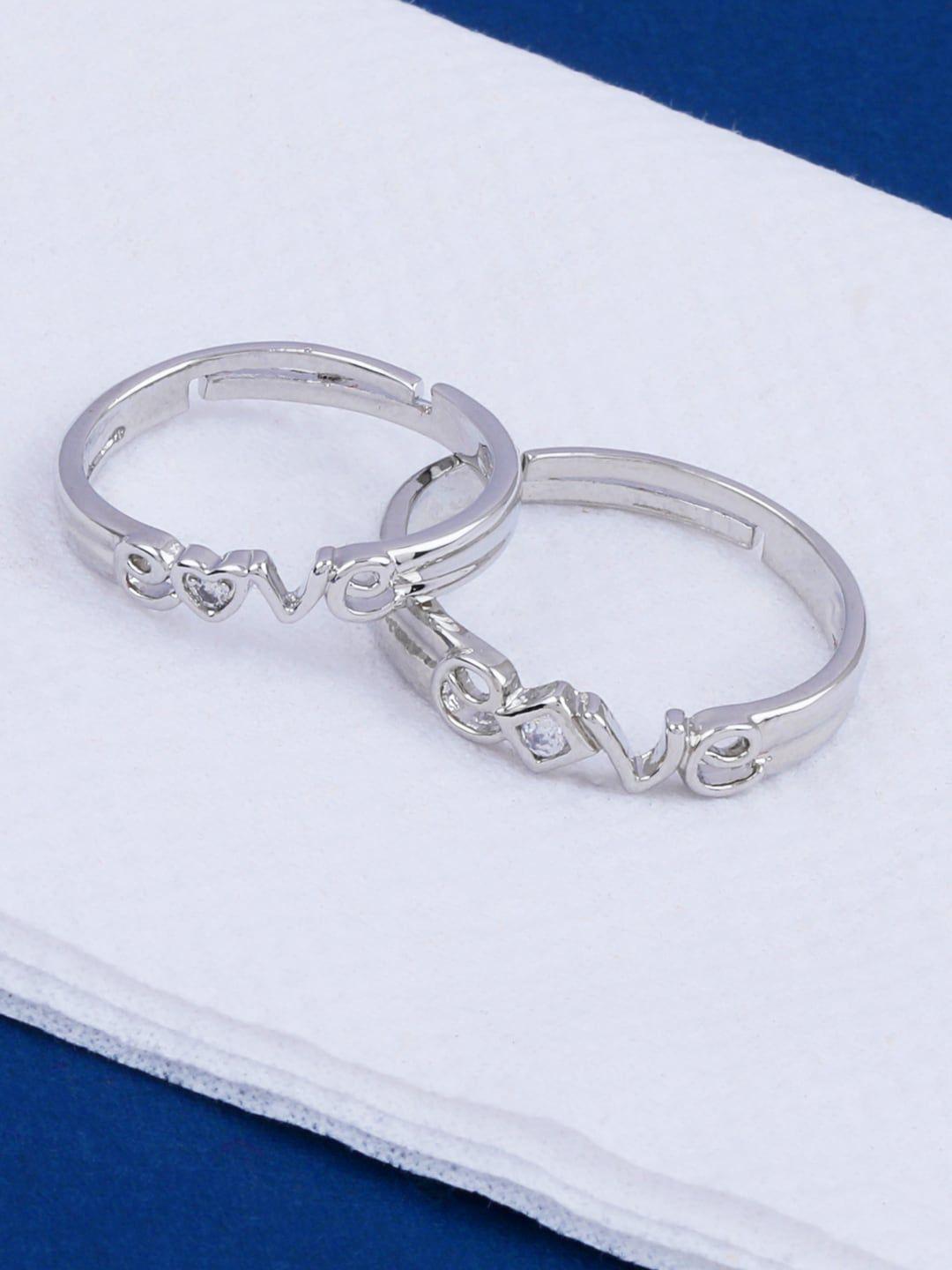 silver shine set of 2 silver-plated stone-studded couple finger ring