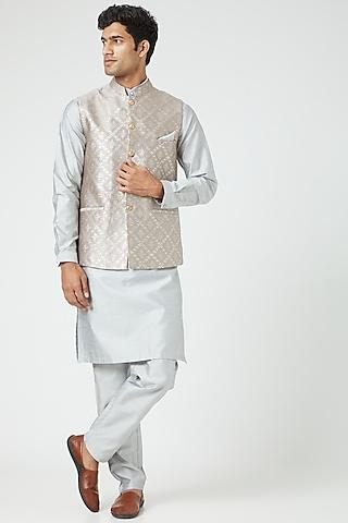 silver silk blend bundi jacket with grey kurta set for boys