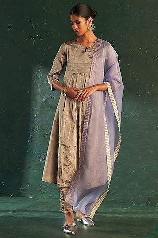 silver silk tissue dori embroidered kurta set