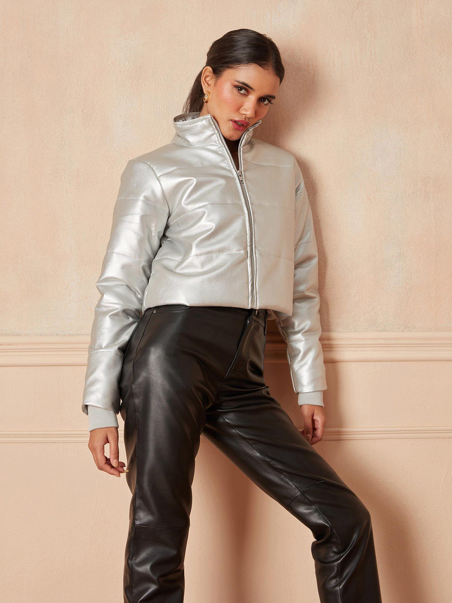 silver solid high collar faux leather puffer jacket