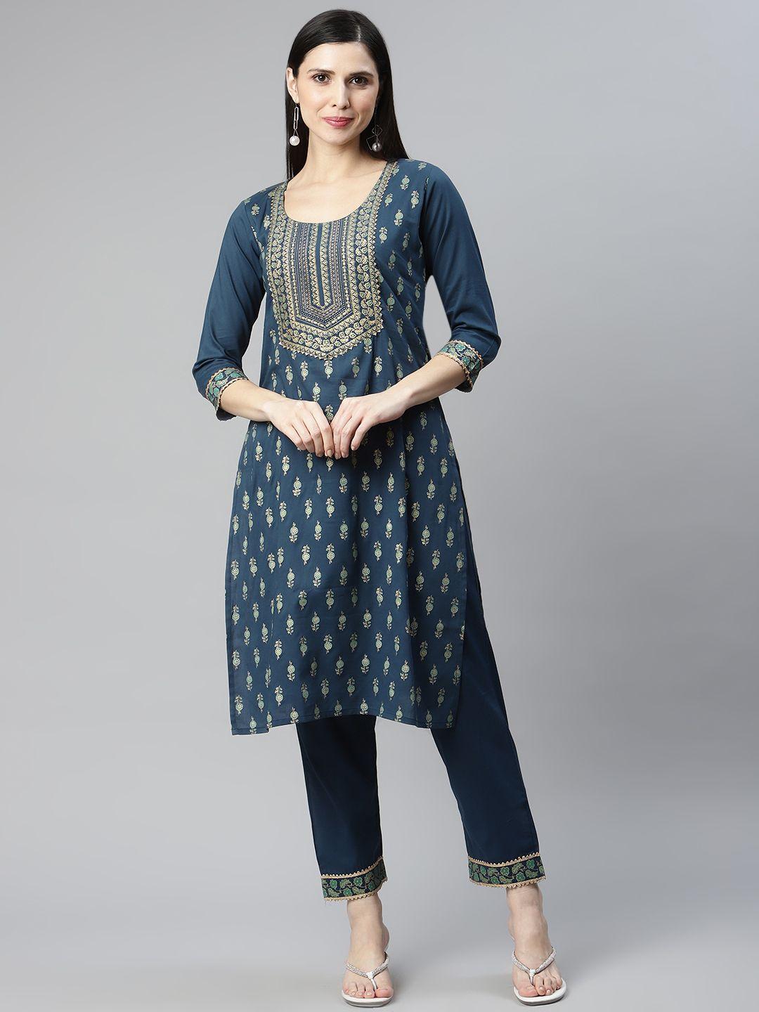silver stock  blue floral printed pure cotton kurta with palazzos