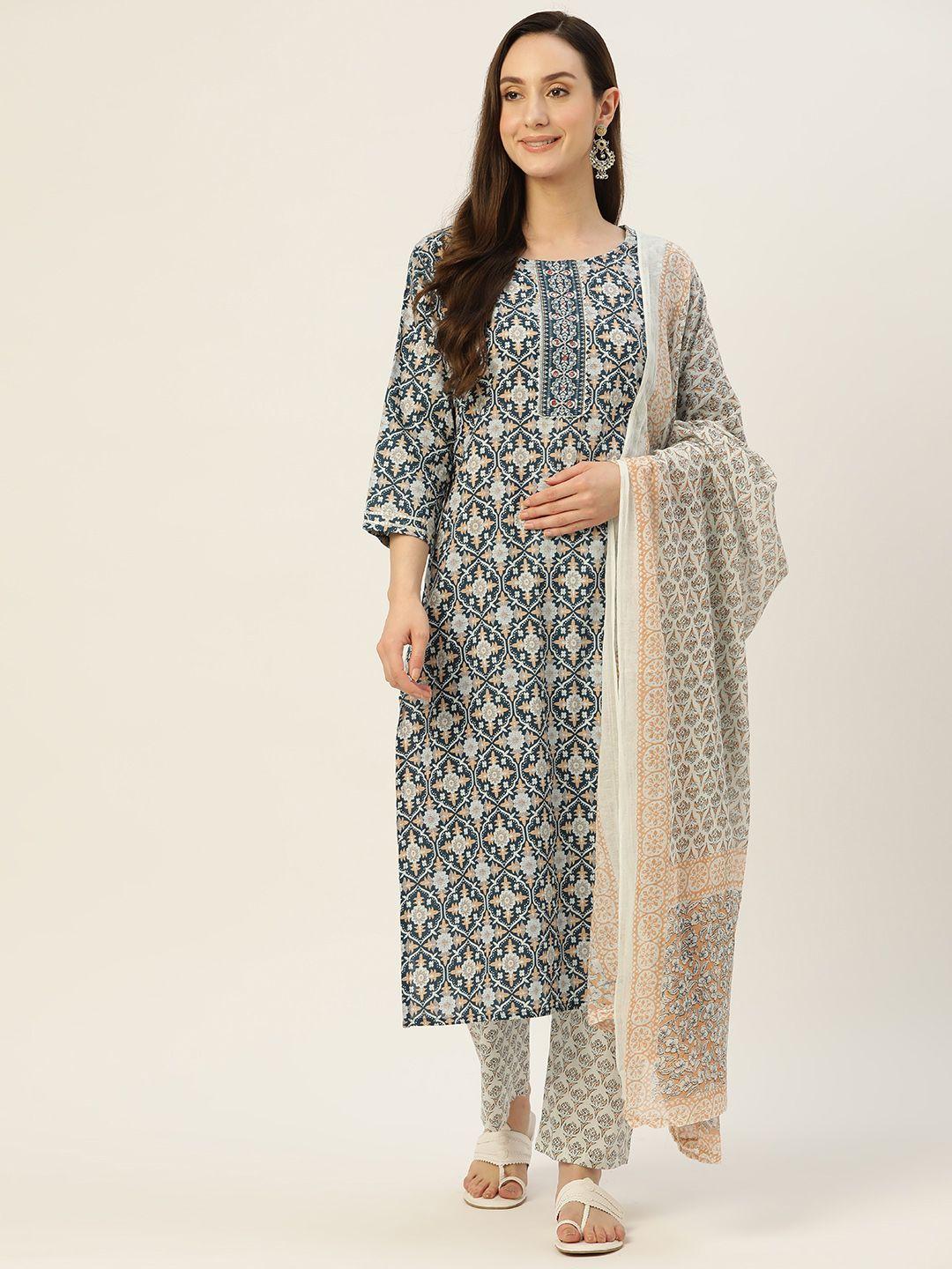 silver stock floral printed regular pure cotton kurta with palazzos & with dupatta