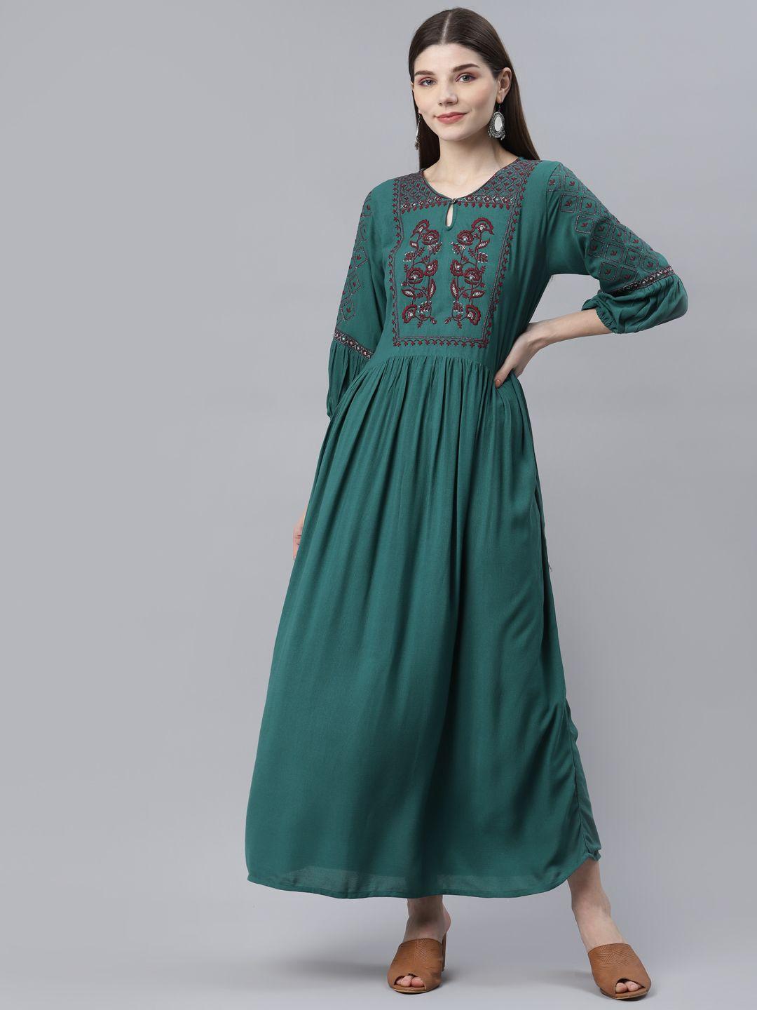 silver stock green floral embroidered keyhole neck maxi dress