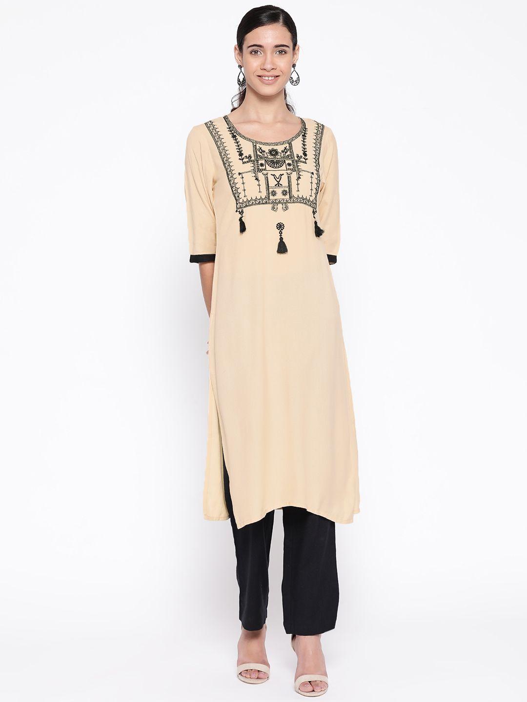 silver stock women beige & black yoke design straight kurta