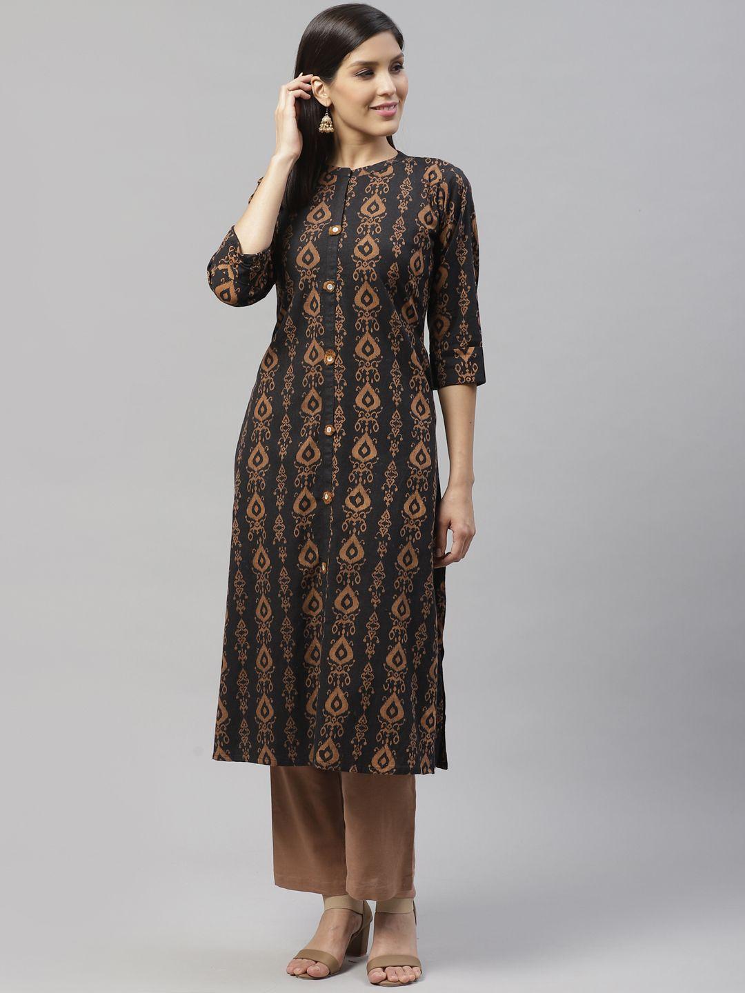 silver stock women black & brown printed a-line ikkat kurta