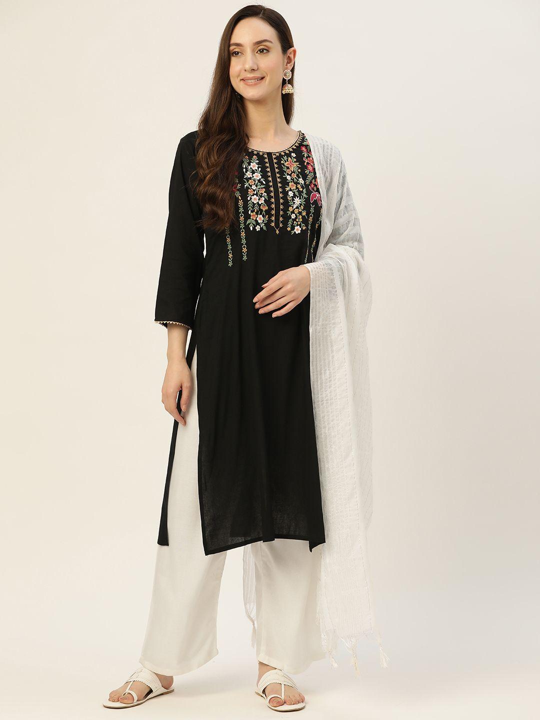 silver stock women black floral embroidered regular kurta with palazzos & with dupatta