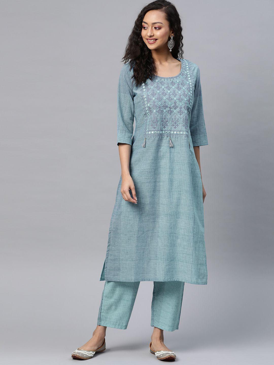 silver stock women blue & grey pure cotton striped kurta with palazzos