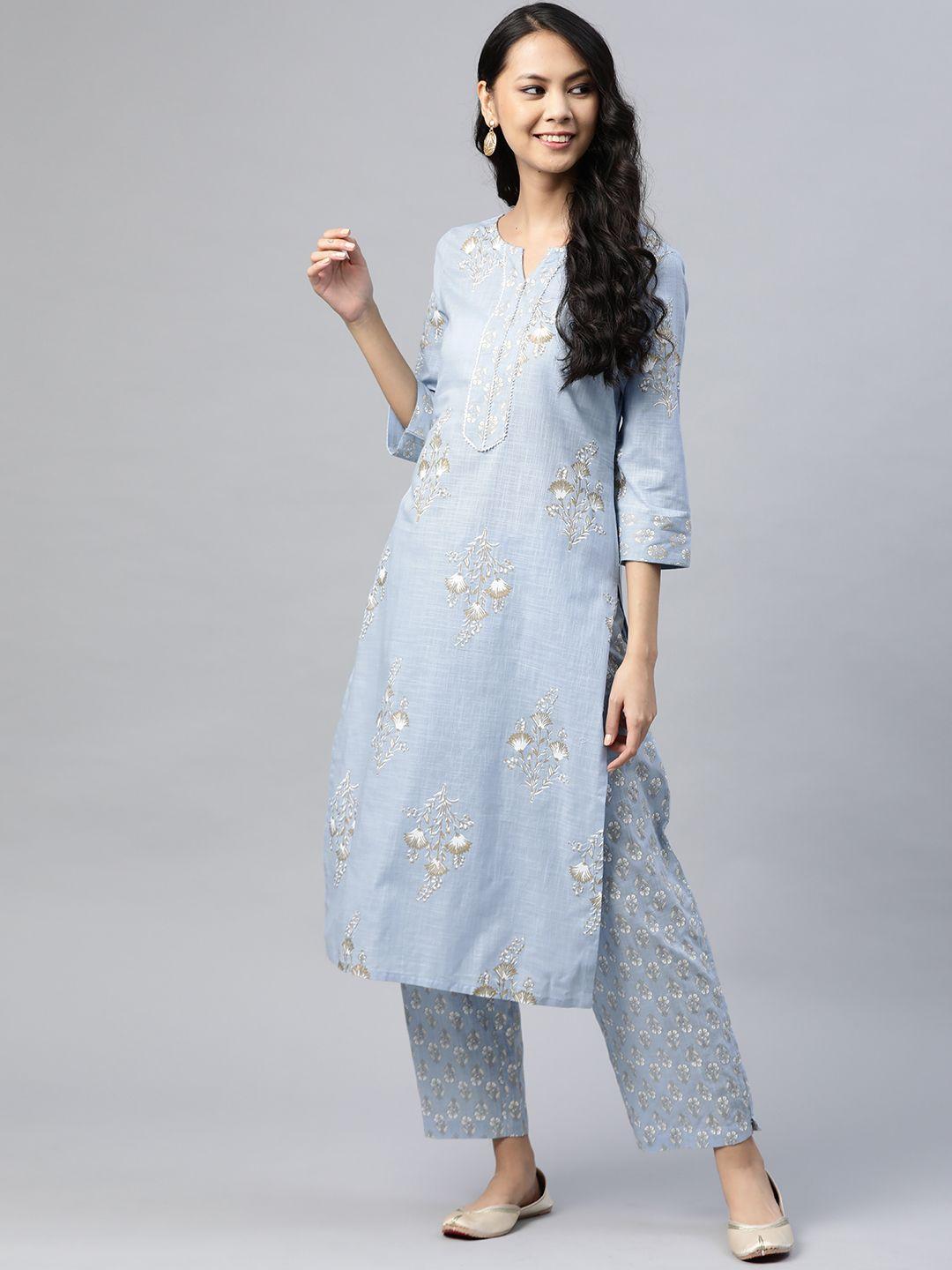 silver stock women blue & off-white printed gotta patti pure cotton kurta with palazzos