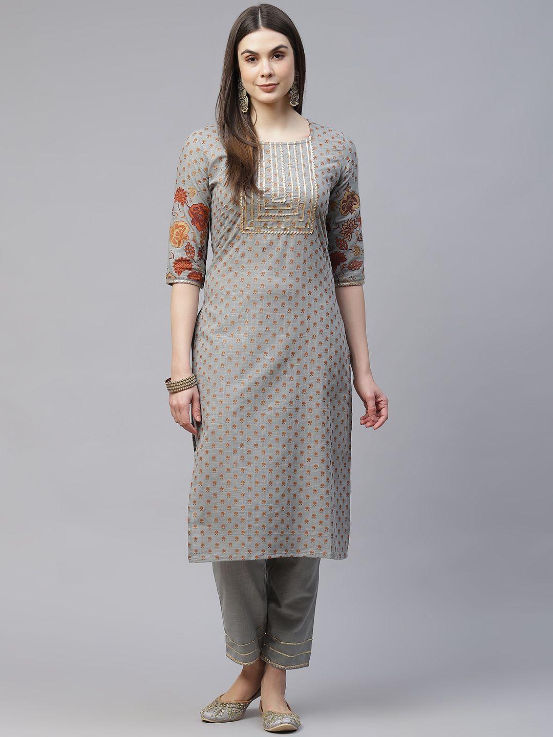 silver stock women grey pure cotton ethnic motifs printed kurta with trousers