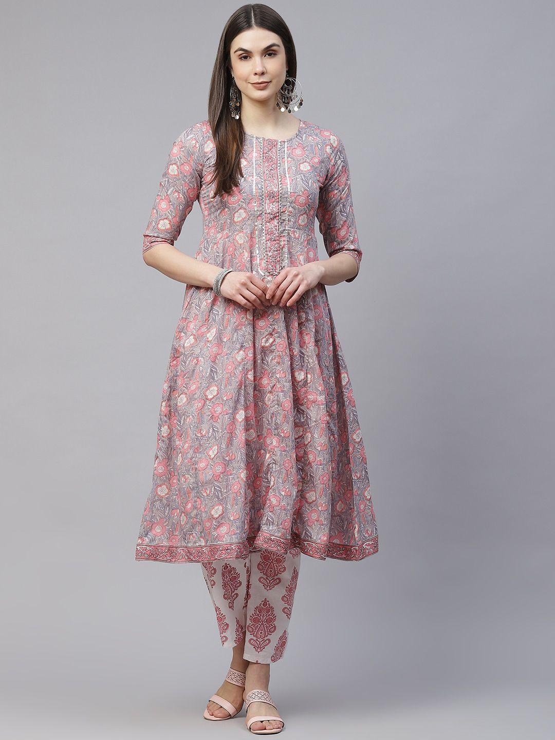silver stock women grey pure cotton floral printed kurta with trousers