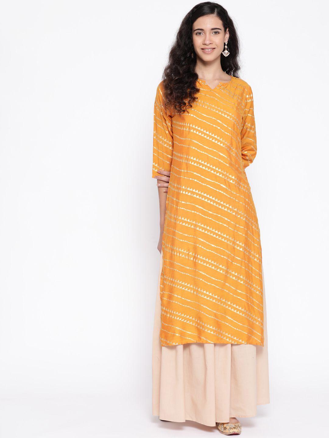 silver stock women mustard yellow & golden handloom striped straight kurta with foil print