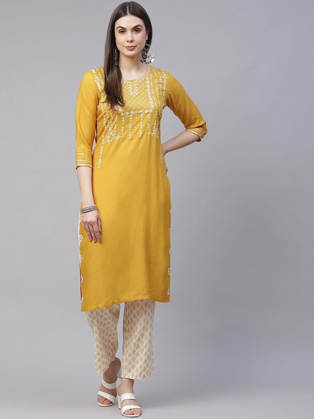 silver stock women mustard yellow pure cotton ethnic motifs printed kurta with trousers