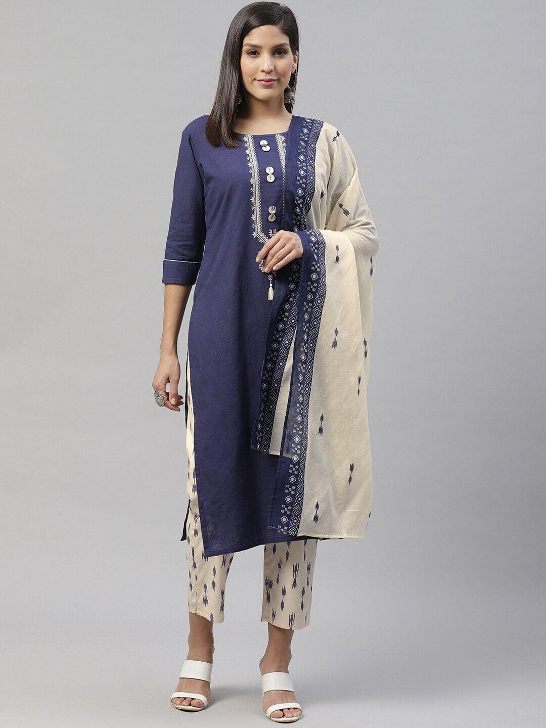 silver stock women navy blue & off-white yoke design kurta with trousers & dupatta