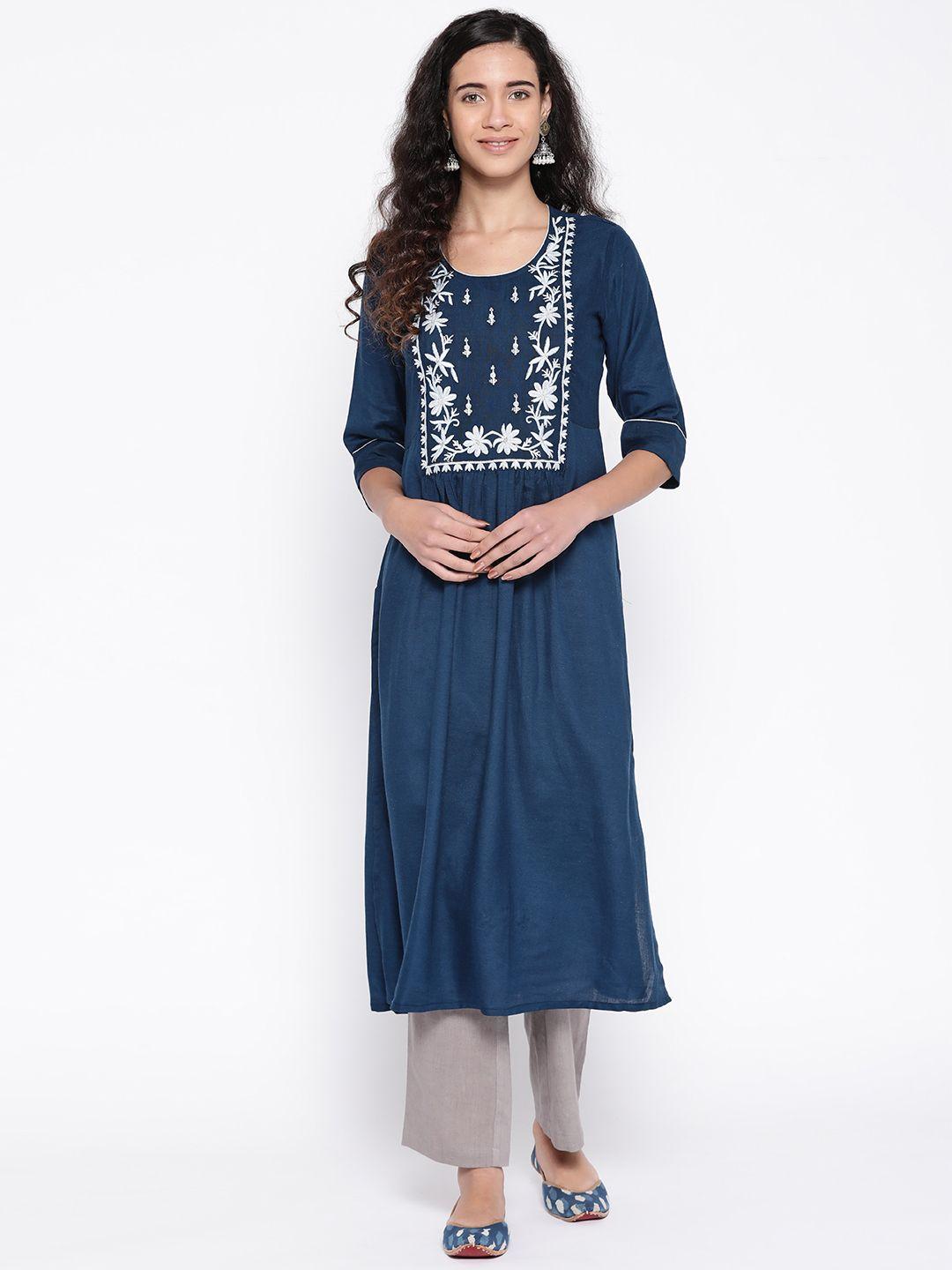 silver stock women navy blue & white yoke design a-line kurta