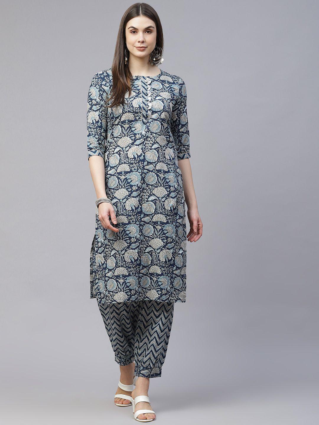 silver stock women navy blue pure cotton ethnic motifs printed kurta with trousers