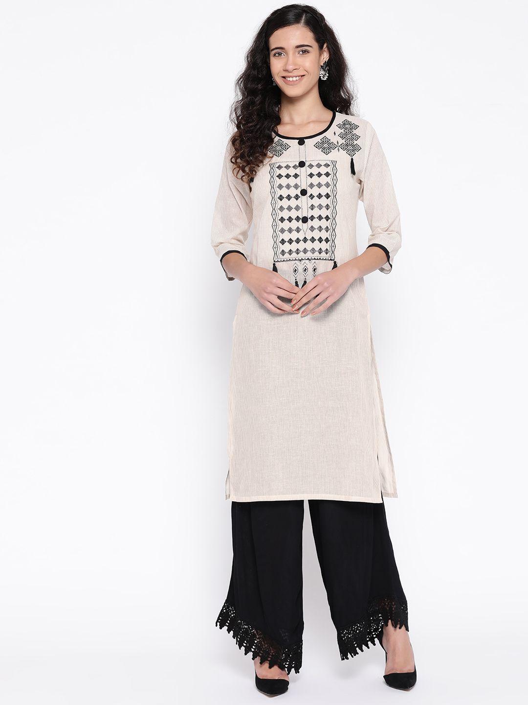 silver stock women off-white & beige striped straight kurta