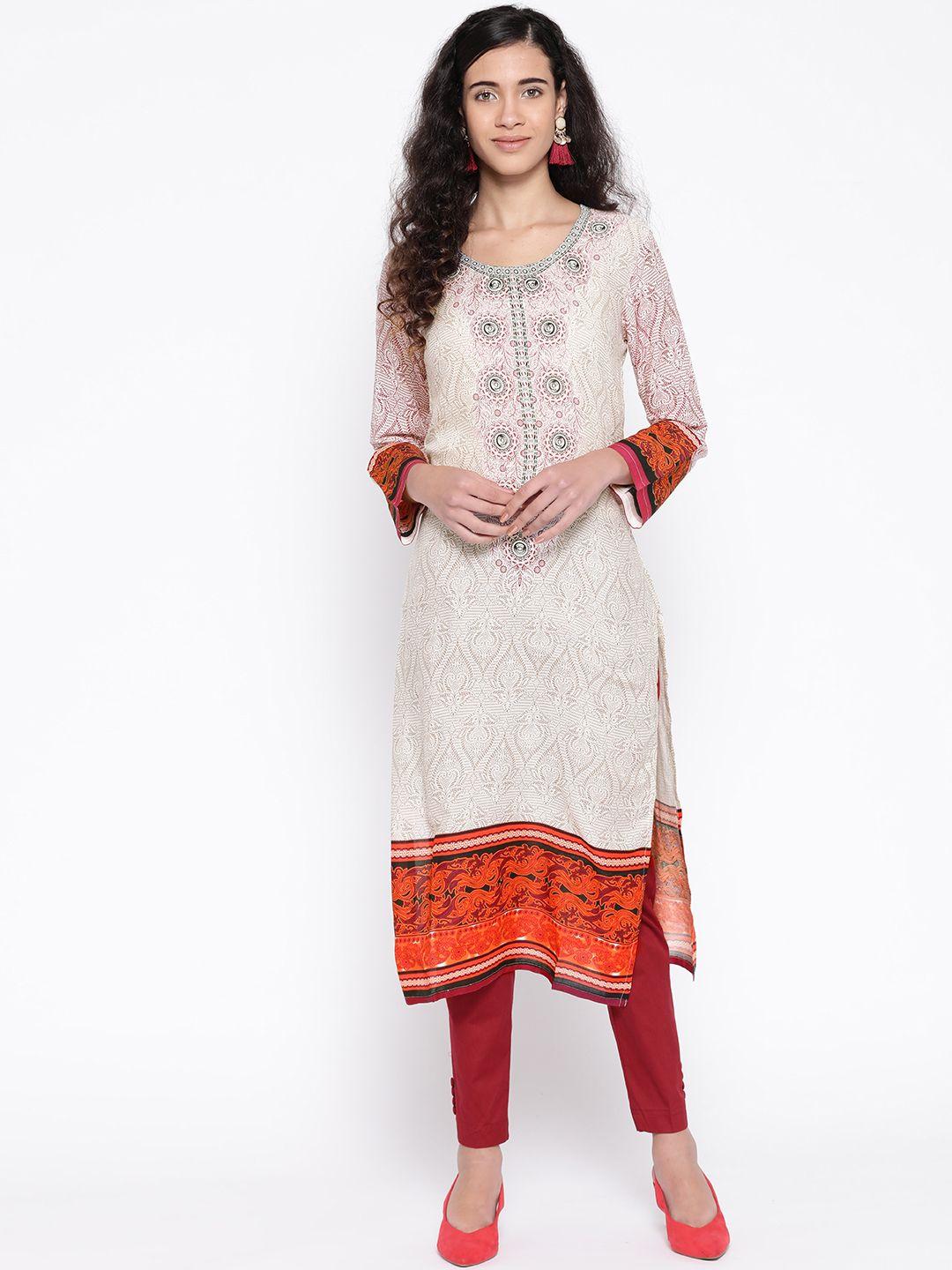 silver stock women off-white & brown printed straight kurta