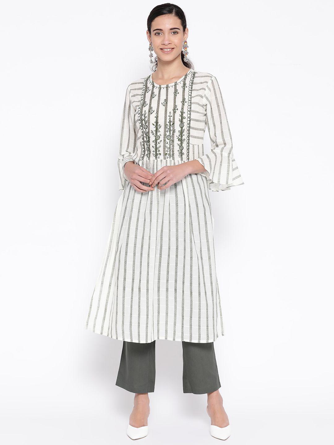 silver stock women off-white & olive green striped straight kurta