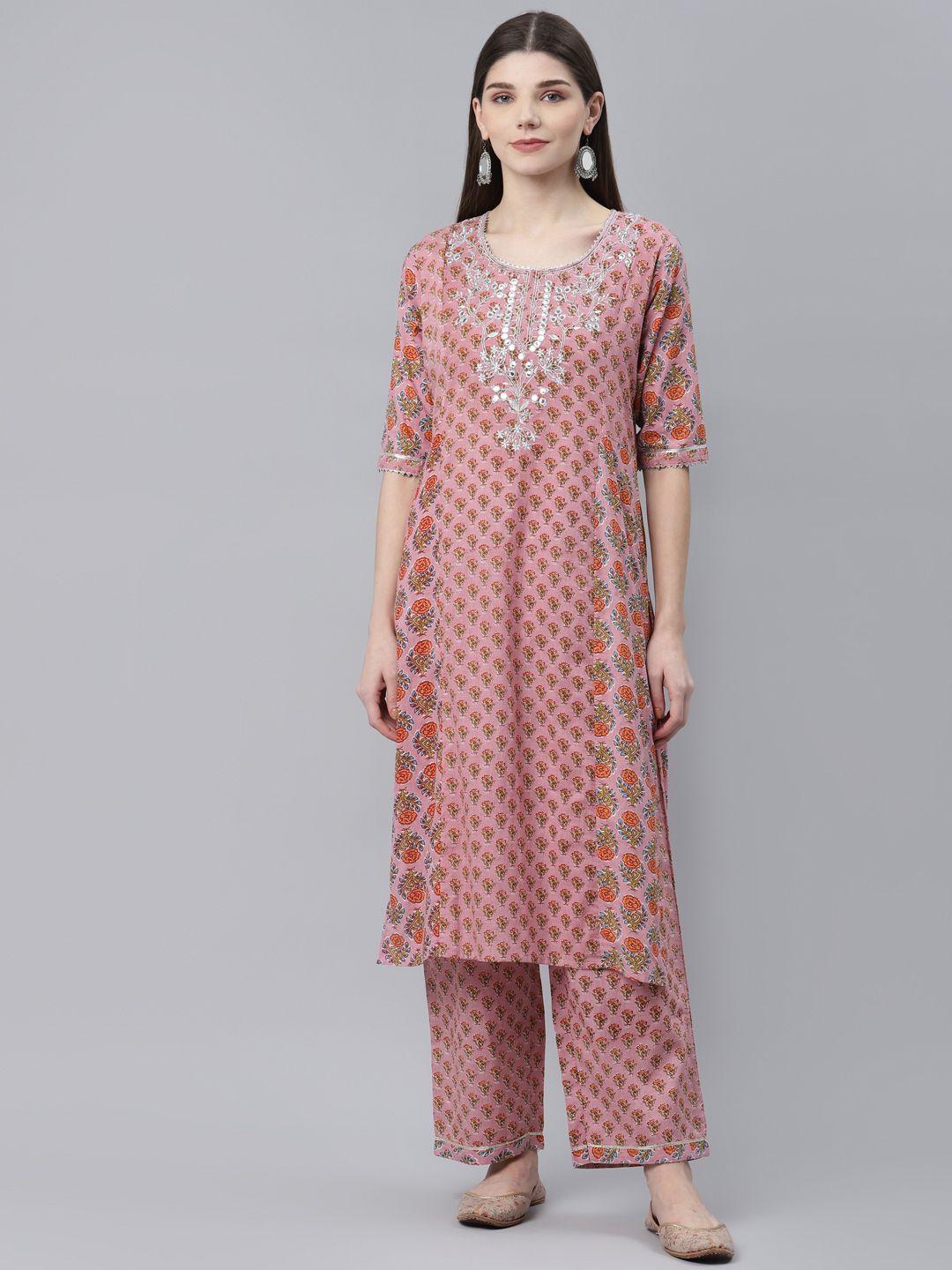 silver stock women pink ethnic motifs printed mirror work pure cotton kurta with palazzos