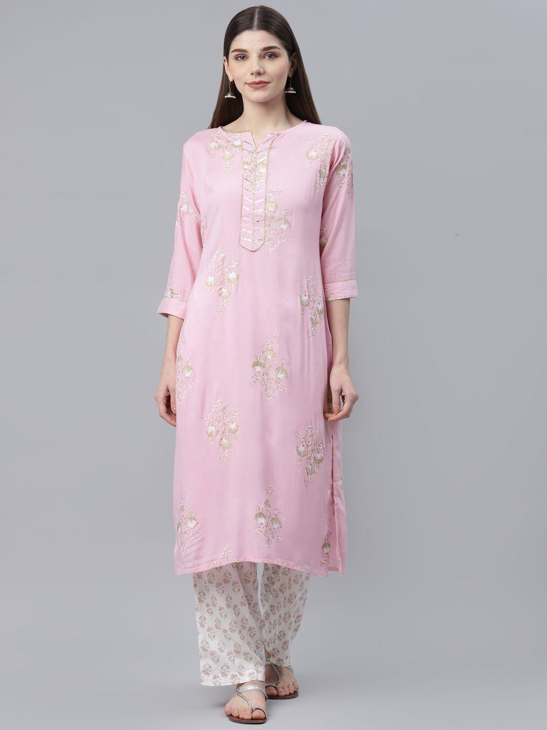 silver stock women pink floral printed gotta patti pure cotton kurta with palazzos