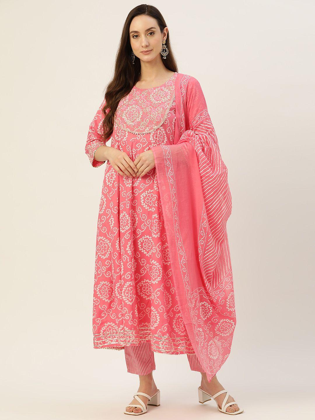 silver stock women pink floral printed regular pure cotton kurta with palazzos & with dupatta