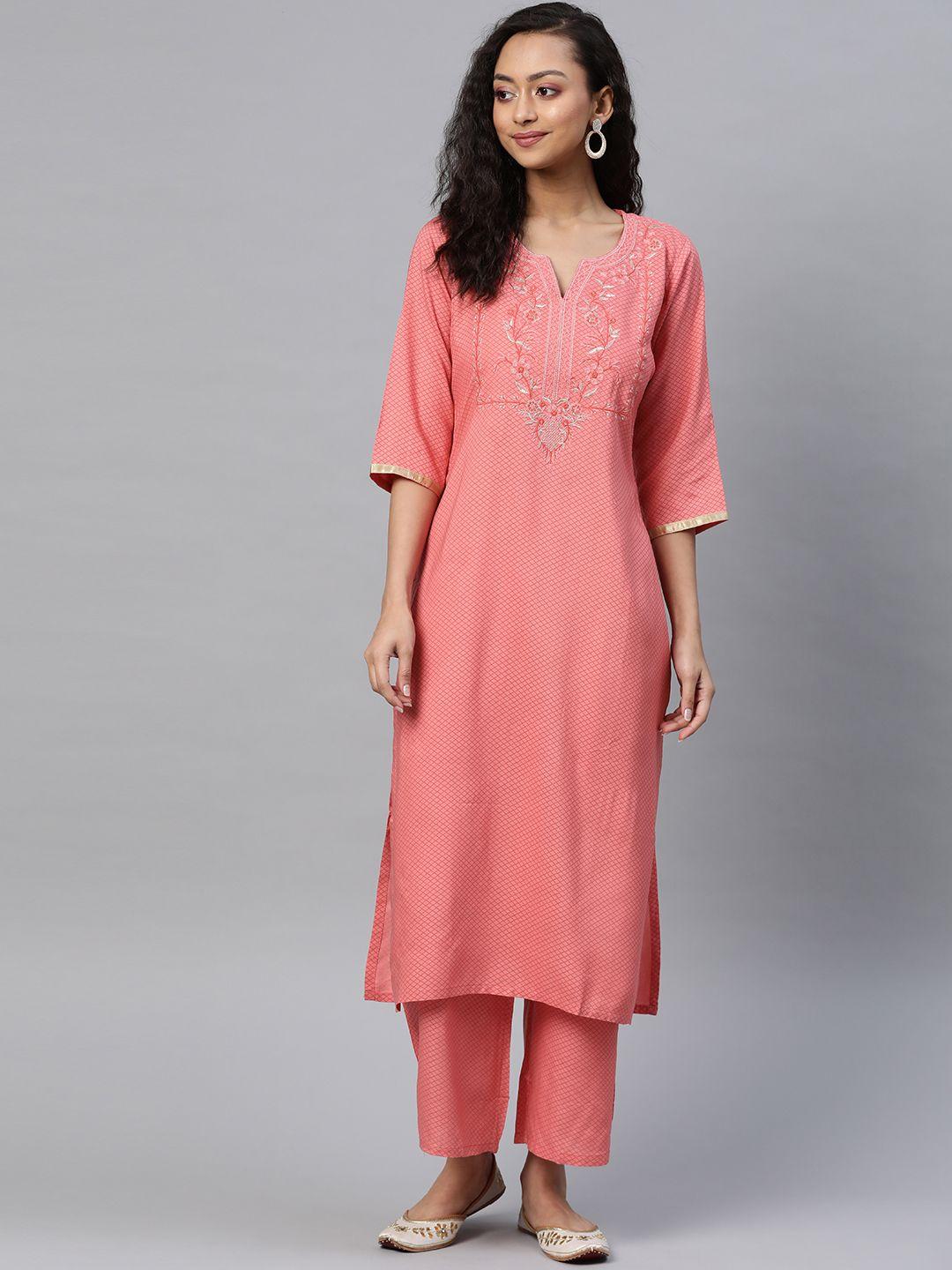 silver stock women pink printed kurta with palazzos with thread work