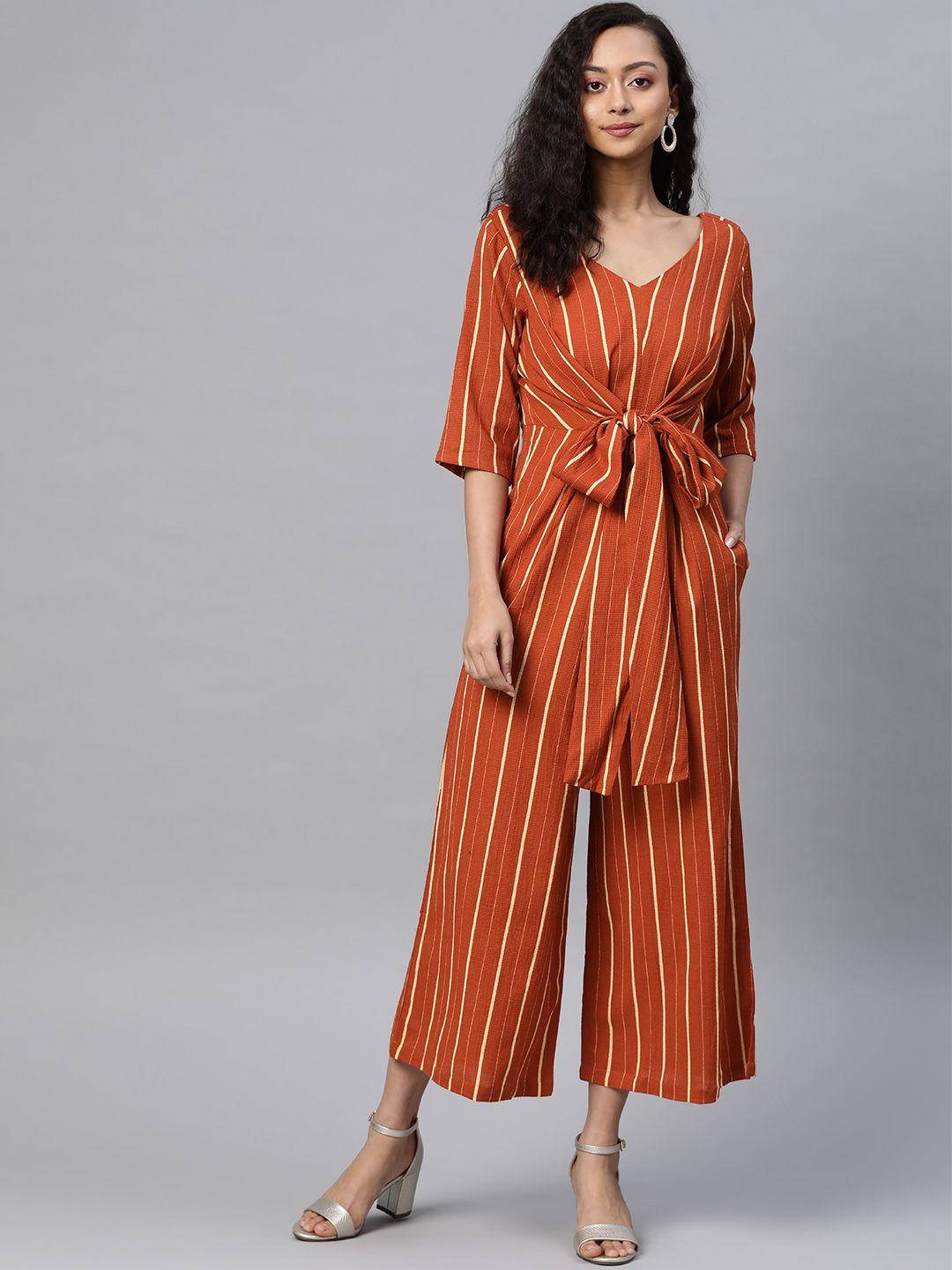 silver stock women rust & cream-coloured striped culotte jumpsuit