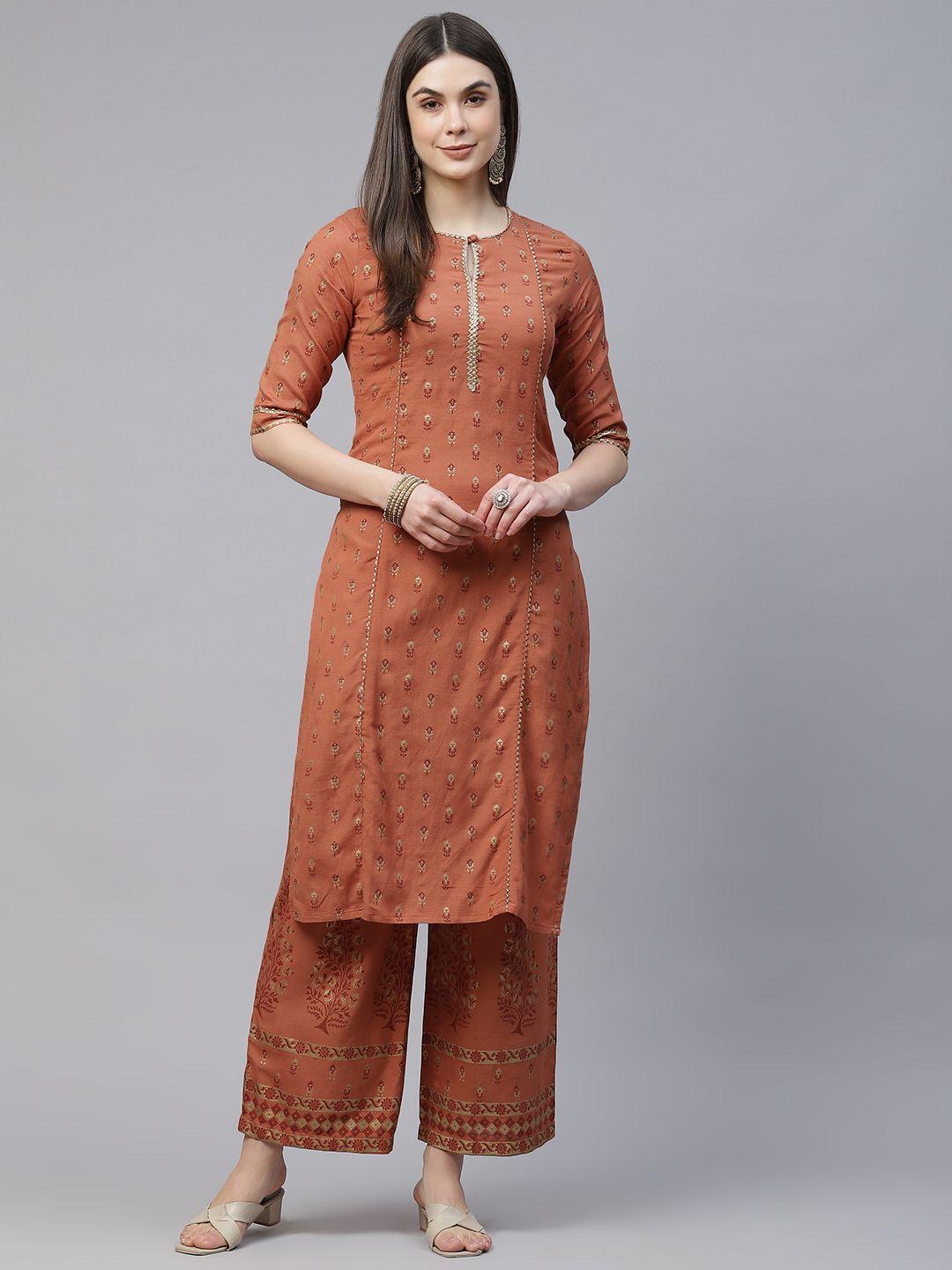 silver stock women rust orange pure cotton ethnic motifs printed kurta with palazzos