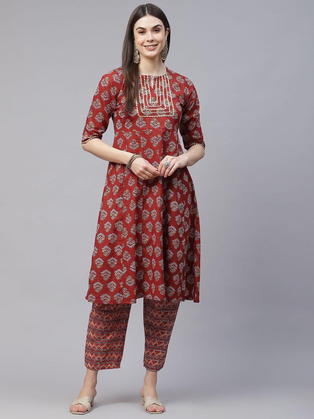 silver stock women rust red pure cotton ethnic motifs printed kurta with trousers