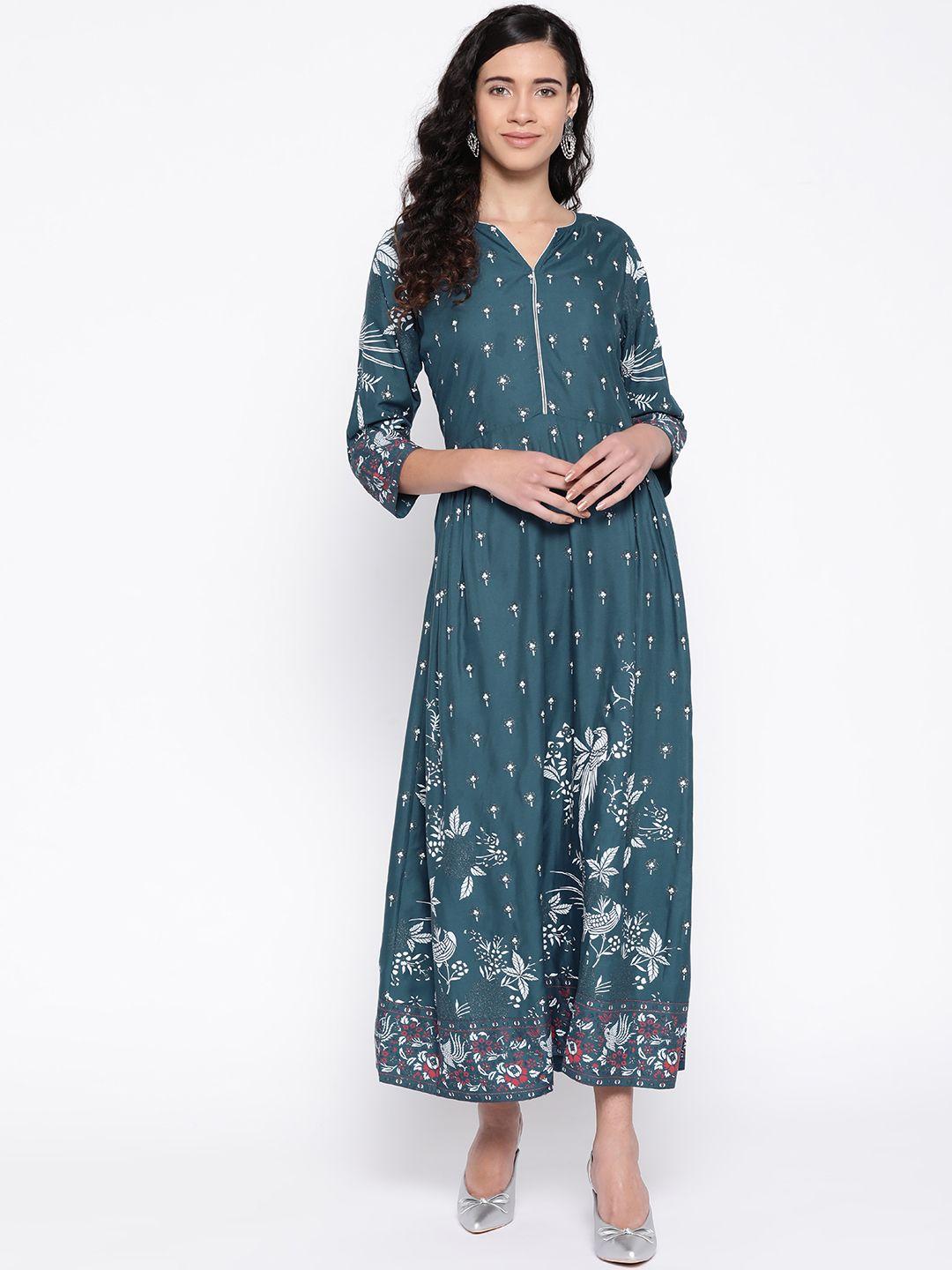 silver stock women teal blue & off-white printed maxi dress