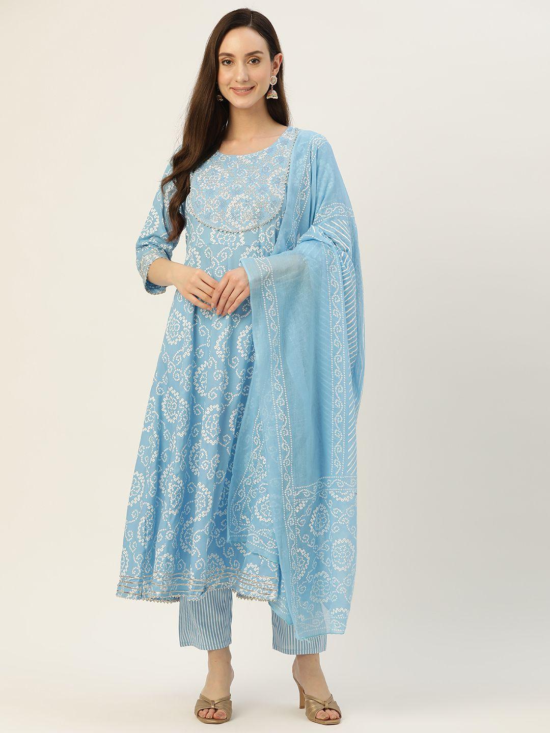 silver stock women turquoise blue floral printed regular pure cotton kurta with palazzos & with dupatta