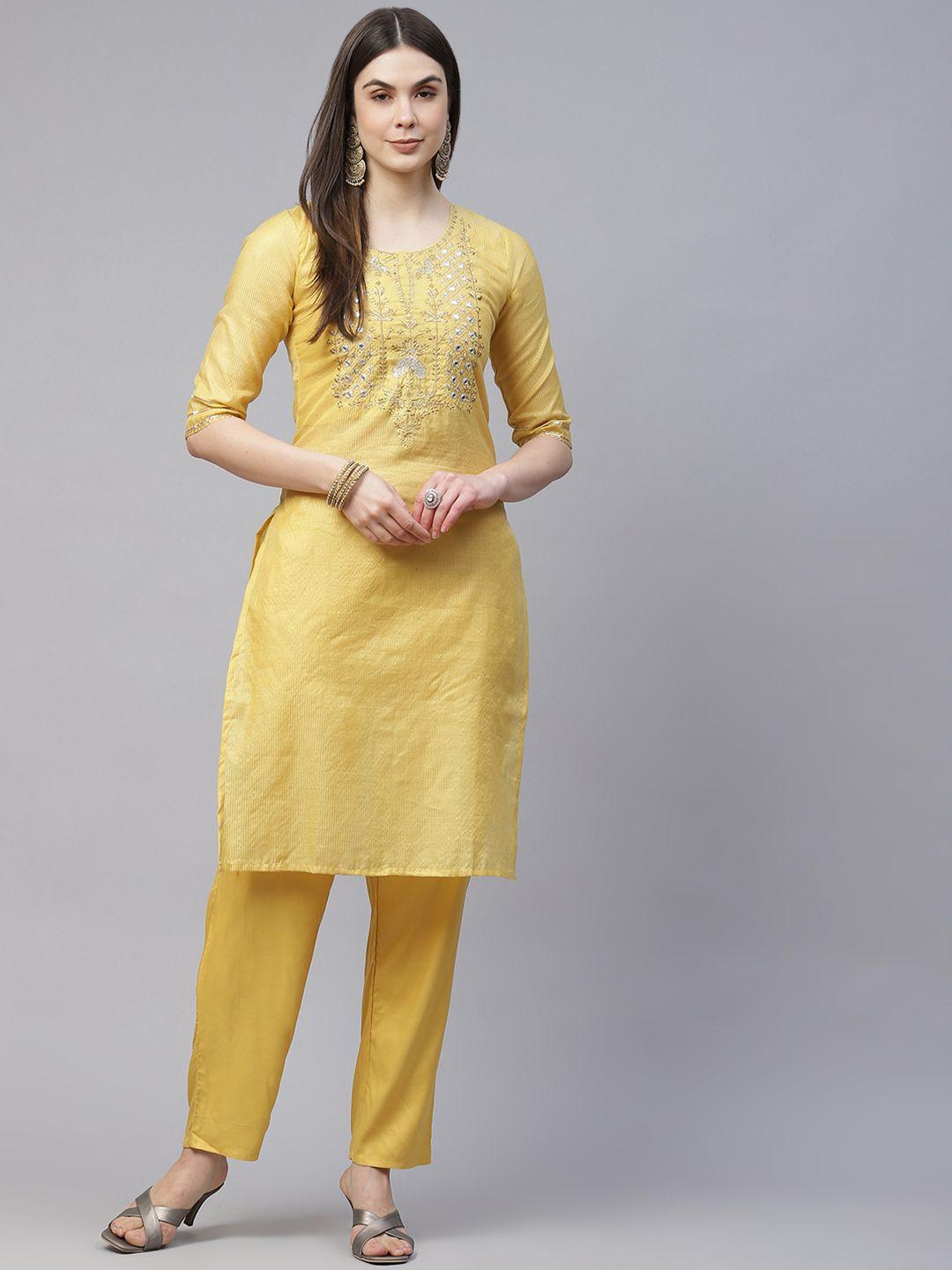 silver stock women yellow ethnic motifs embroidered kurta with trousers