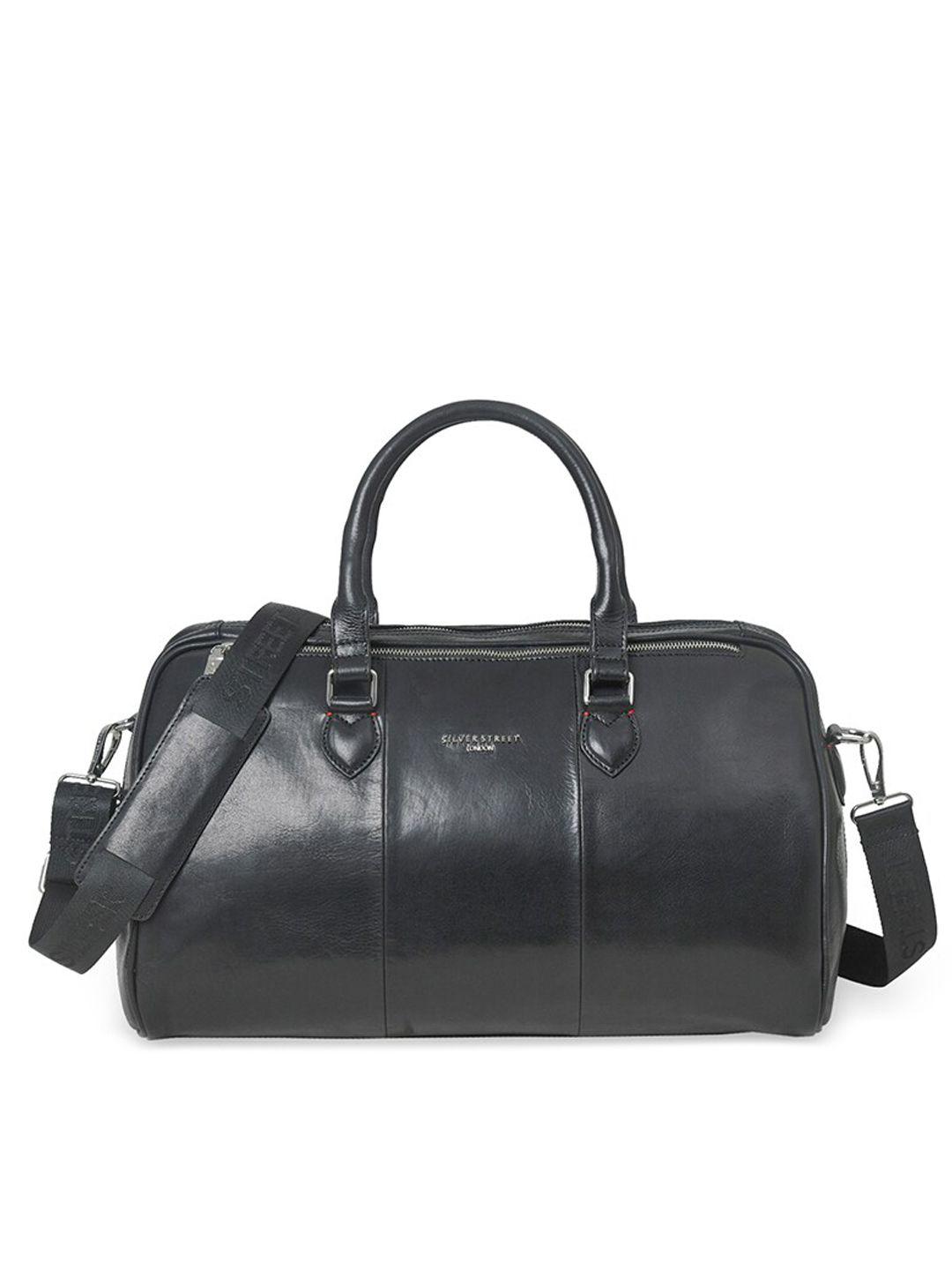 silver street london men black solid leather duffel bag