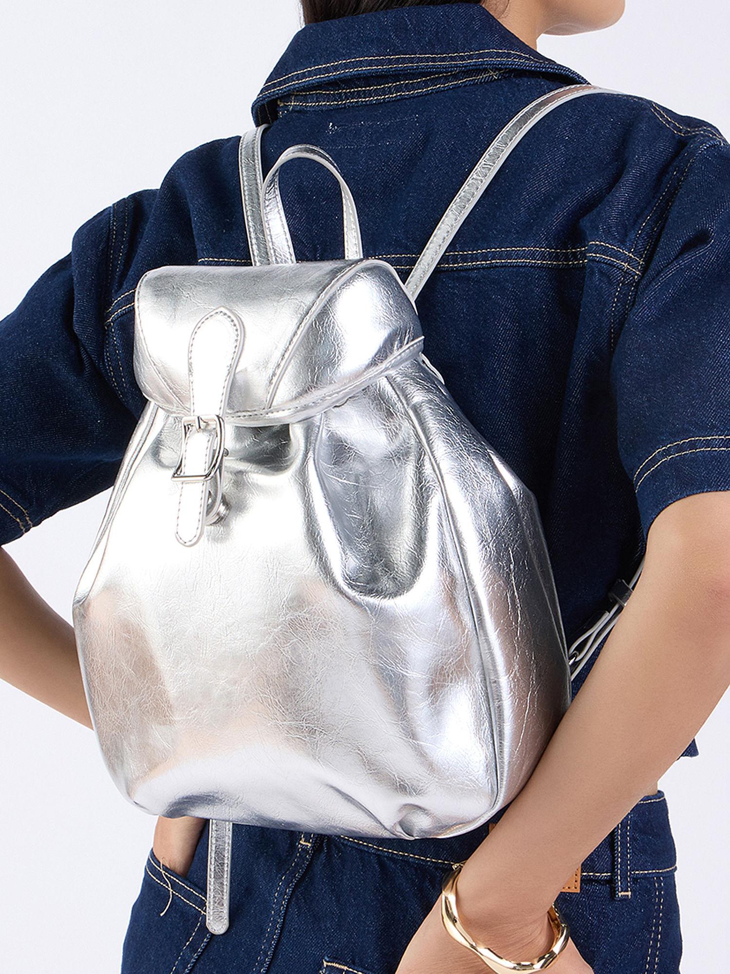 silver textured metallic drawstring backpack